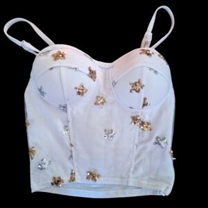 ❤️Tank Top Bustier SZ Small Sequin Stars White Adjustable Straps, Zipper Lined